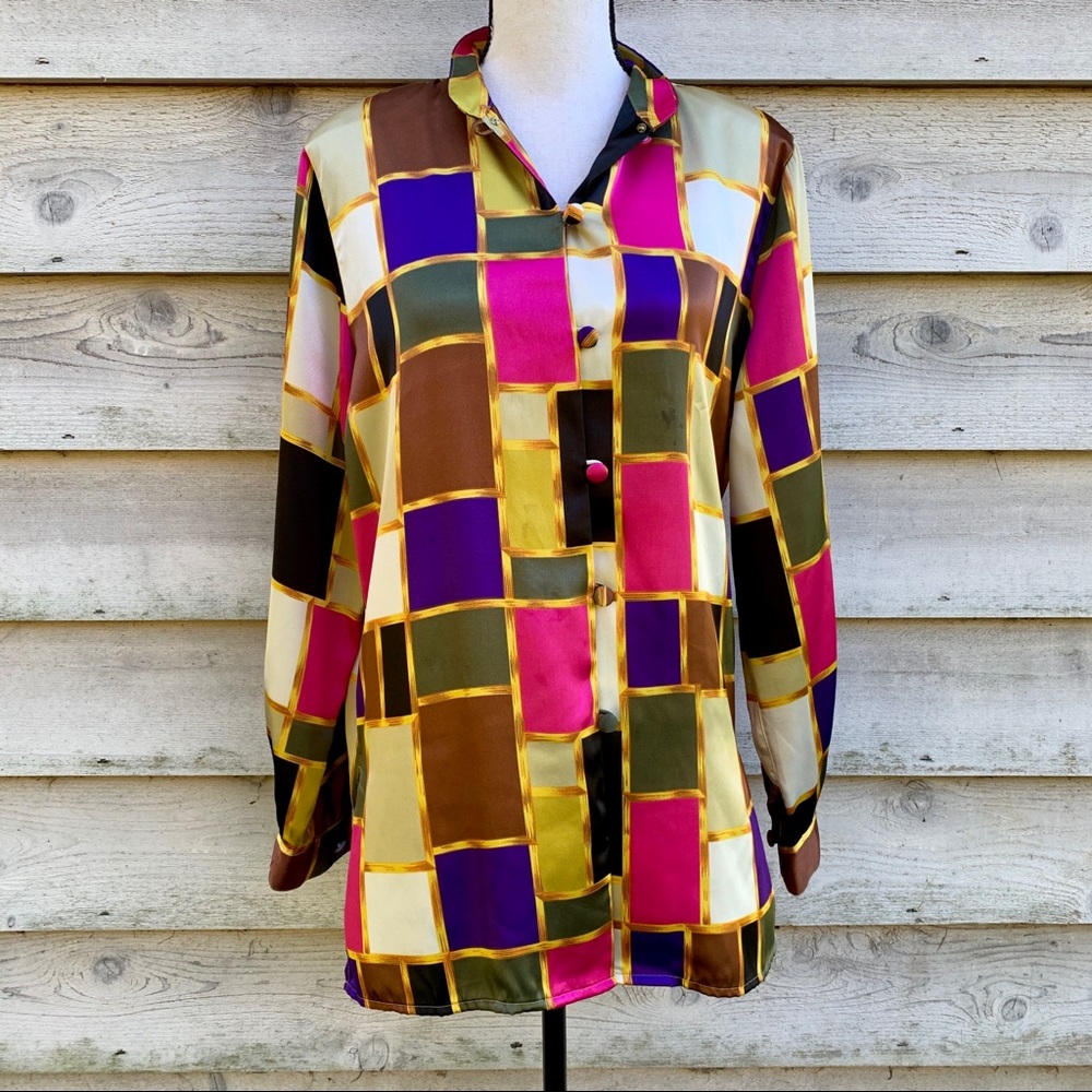 Vintage 80s Gold Geometric Button Down Mod Shirt - Picture 1 of 16